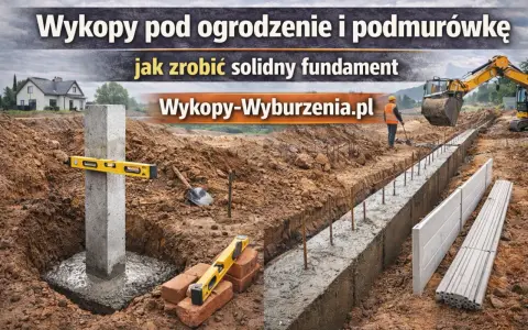 Solidny fundament pod ogrodzenie w trakcie budowy. Betonowy słup z poziomicą, łopata i koparka w tle.