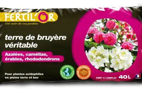 Sac de terre de bruyère Fertilor pour rhododendrons, camélias et azalées. Idéal pour plantes acidophiles.