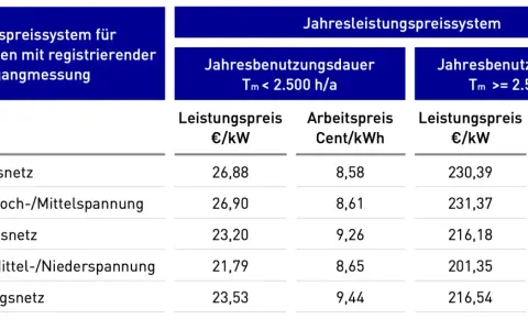Tabelle zeigt Leistungspreise für Stromnetze. Hohe Werte bei Jahresbenutzungsdauer über 2.500 h/a deuten auf steigende Energiepreise hin.