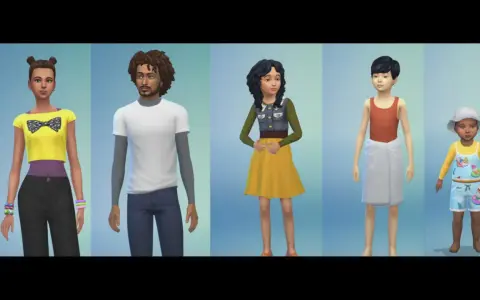 Mody dla dzieci The Sims 4: dziewczynka w żółtej bluzce, chłopak w białej koszulce, nastolatka w kamizelce i żółtej sukience, chłopiec w ręczniku i maluch w stroju kąpielowym.