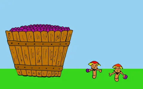 Disegni da colorare: vendemmia dall'uva al vino. Un cesto pieno d'uva e due simpatici personaggi con cappelli rossi e gialli.