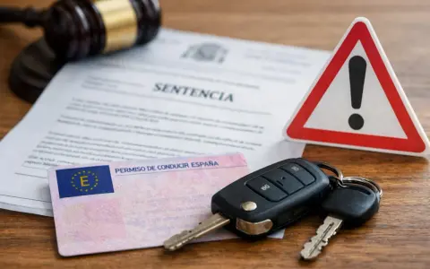 Sentencia judicial, carnet de conducir, llaves y señal de advertencia.