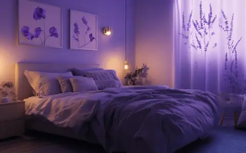 Gemütliches Schlafzimmer mit lila Akzenten. Kunstwerke mit Lavendel und echte Lavendelzweige schaffen eine entspannende Atmosphäre.