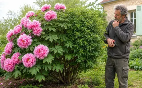 Un homme observe la taille d'une pivoine arbustive aux fleurs roses éclatantes, un jardinier pensif.