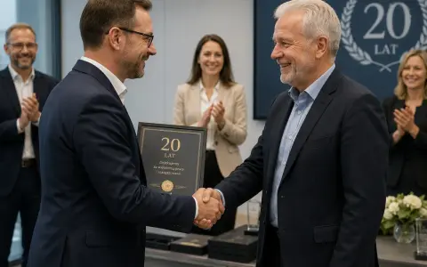 Wręczenie nagrody jubileuszowej pracownikowi samorządowemu za 20 lat pracy. Uroczystość z udziałem współpracowników.