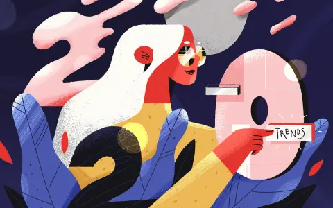 Vibrant art graphic design examples: a woman with white hair and sunglasses points to a pink circle with "TRENDS" written on it, surrounded by abstract shapes and foliage.