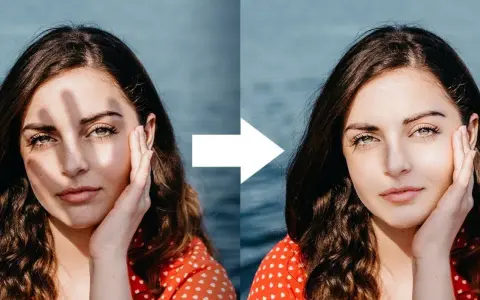 Efekt photoshop cień: usunięto niechciane cienie z twarzy kobiety, rozjaśniając jej skórę i podkreślając urodę.