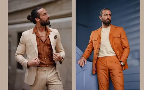 Man models two stylish summer suit colors: a light pinstripe and a vibrant orange.