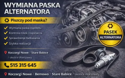 Wymiana paska klinowego w samochodzie. Słychać piski pod maską? Szybka wymiana paska alternatora, kontrola rolek i napinacza. Zadzwoń!