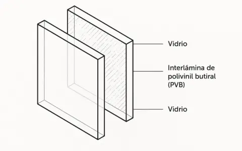 Corte transversal de vidrio laminado con interlámina de polivinil butiral (PVB).