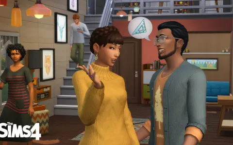 Sims 4: Una pareja discute ideas, mientras otro Sim baja las escaleras.
