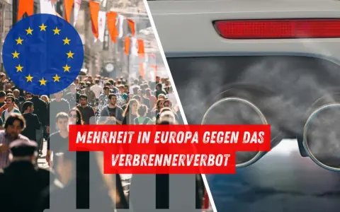 EU-Flagge über Menschenmenge, daneben Auspuff mit Rauch. Text: "Mehrheit in Europa gegen das verbrenner-verbot 2035 gekippt".