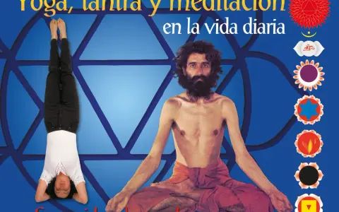 Man i meditation, kvinna i yogaställning. Texten "Yoga, tantra y meditación en la vida diaria" och "Swami Janakananda" syns.