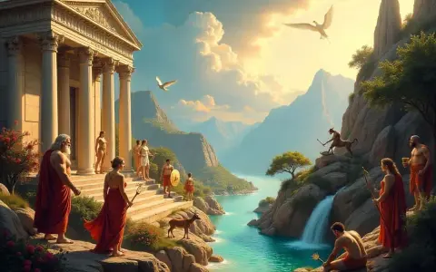 Majestätische Tempel und Berge prägen das Bild des antiken Griechenlands. Menschen in roten Gewändern und mythologische Wesen beleben die Szene am türkisfarbenen Meer.