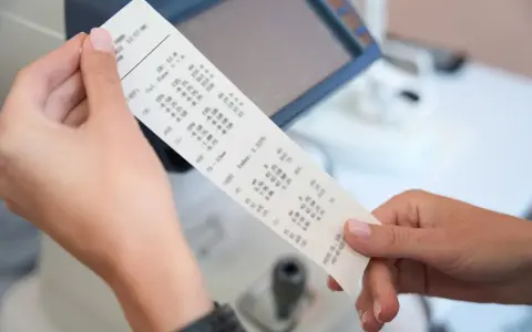 Dłonie trzymają wydruk z danymi optometrycznymi, gdzie widoczny jest numer paragonu.