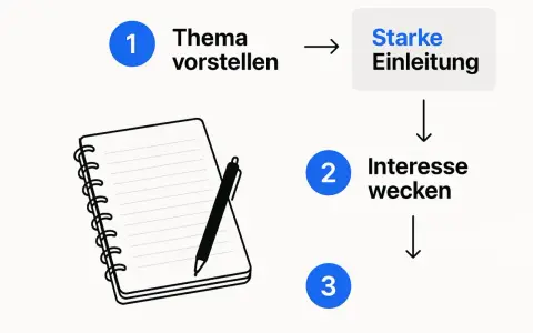 Schritt 1: Thema vorstellen für eine starke Einleitung. Ein Notizbuch mit Stift liegt bereit. Dann Interesse wecken (Schritt 2) und weiter (Schritt 3).