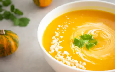 Un bol de soupe butternut crémeuse, garnie de coriandre fraîche et de petits morceaux de fromage. Des mini-citrouilles décorent la table.