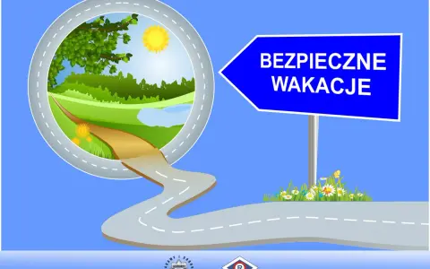 Droga prowadząca do zielonego krajobrazu pod znakiem "Bezpieczne wakacje".