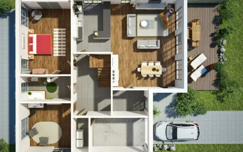 Moderne hausbau ideen: Grundriss mit Schlafzimmer, Bad, Küche, Wohnbereich, Esszimmer, Terrasse und Garage.