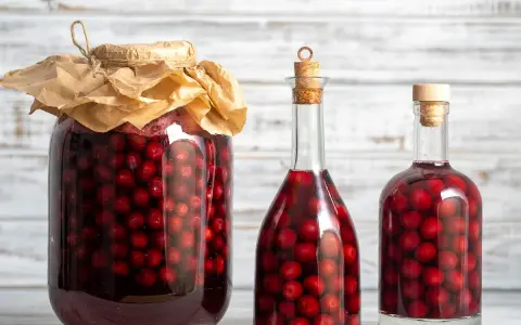 Ein großes Glas und zwei Flaschen gefüllt mit Kirschen und Alkohol. Perfekt für ein schnaps selber machen rezept.