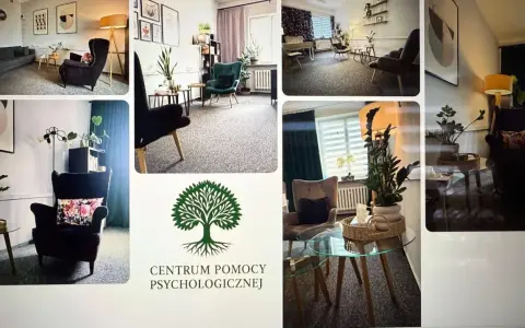 Kolaż zdjęć gabinetów psychologicznych z fotelem, kanapą i roślinami.