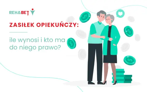 Zasiłek opiekuńczy nad starszą osobą: ile wynosi i kto ma do niego prawo? Ilustracja przedstawia parę seniorów i monety.