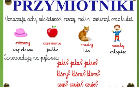 Przymiotniki: różowy kapelusz, czerwone jabłko, rudy lis, wesoły chłopiec. Przykłady: jaki? jaka? jakie?