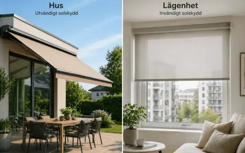 Utvändig markis som skuggtak uterum och invändig rullgardin för lägenhet.