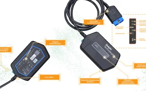 Urządzenie diagnostyczne Delphi Technologies z wtykiem OBD, portem USB-C i wskaźnikami LED.