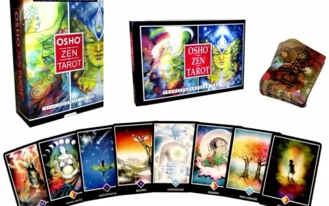 Odkryj znaczenie kart Osho Zen Tarot. Zestaw zawiera pudełko, książkę i karty z mistycznymi ilustracjami, np. "Egzystencja", "Rozkwit", "Przygoda".