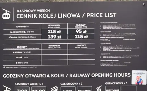 Kasprowy Wierch cennik kolejki: normalny 115 zł w jedną stronę, ulgowy 95 zł. Góra-dół normalny 139 zł, ulgowy 115 zł.
