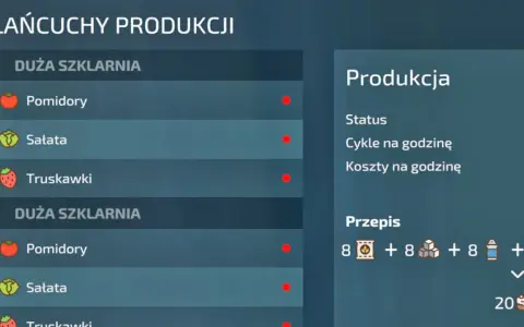 Menu łańcuchy produkcyjne fs22 pokazuje szklarnie z pomidorami, sałatą i truskawkami. Przepis na ciasto wymaga składników.