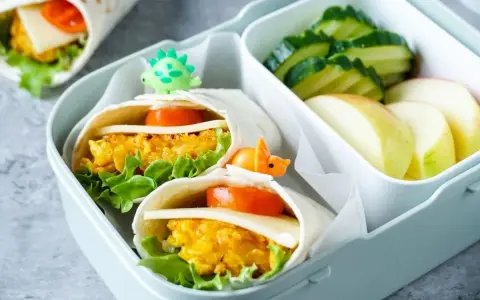 Leckeres Fingerfood für Kinder: Wraps mit Gemüse und Käse, garniert mit kleinen Dino-Spießen. Dazu Gurken und Apfelschnitze.