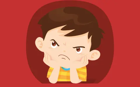 Chłopiec z opuszczoną miną, opierający głowę na dłoniach. Ilustracja do krótkiej bajki o złości.