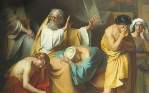 Noah, distraught, gestures as his sons mourn. This scene depicts the aftermath of Ham's transgression, leading to why Noah cursed Canaan.