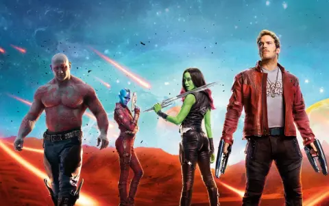 Die Guardians of the Galaxy stehen bereit, ein episches Abenteuer zu beginnen. Drax, Gamora, Nebula und Star-Lord posieren vor einem Sternenhimmel.