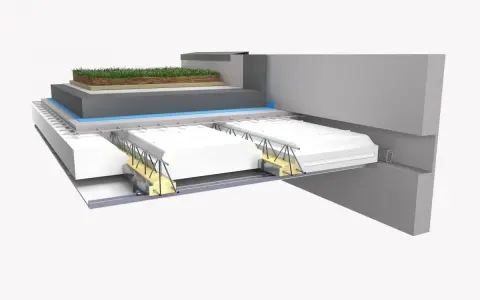 Coupe d'un toit végétalisé montrant des hourdis béton, des isolants et une structure métallique.