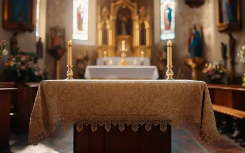 Tavola imbandita con candele accese, pronta per confezionare una tovaglia per altare. L'altare maggiore e le vetrate colorate creano un'atmosfera solenne.