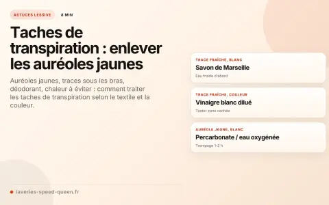 Conseils pour enlever les taches de transpiration, notamment les auréoles jaunes sous les bras. Solutions : savon de Marseille, vinaigre blanc, percarbonate.