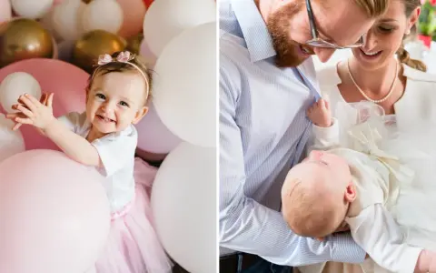 Glad baby omgiven av ballonger, och en familj som håller sitt nyfödda barn i en hjärtask-liknande dopklänning.