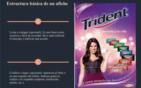 Cartel publicitario de Trident con eslogan "Sonríele a la vida" y una mujer masticando chicle.