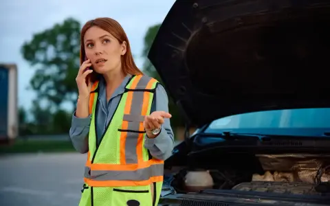 Kobieta w kamizelce odblaskowej rozmawia przez telefon przy otwartej masce samochodu. Jej rozbiegany diesel odmówił posłuszeństwa.