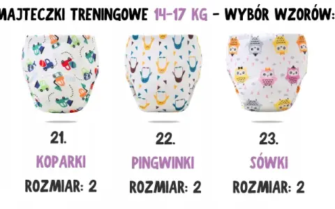 Trzy wzory majtek treningowych dla dziewczynki: koparki, pingwinki i sówki. Rozmiar 2, na wagę 14-17 kg.