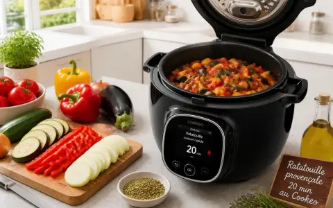 Ratatouille provençale prête en 20 minutes dans le Cookeo, avec des légumes frais coupés à côté.