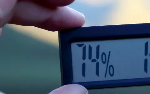 En digital hygrometer visar 74%, vilket indikerar normal luftfuktighet inomhus.