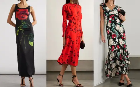 Tre donne indossano abiti a fiori. Quali scarpe mettere con un vestito a fiori? Sandali eleganti e décolleté completano i look.
