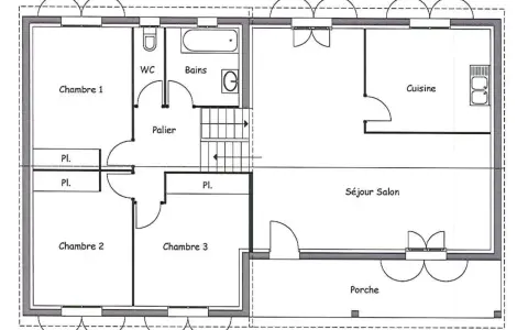 Plan maison 55 m2 : 3 chambres, séjour, cuisine, salle de bain, WC et porche. Idéal pour une famille.