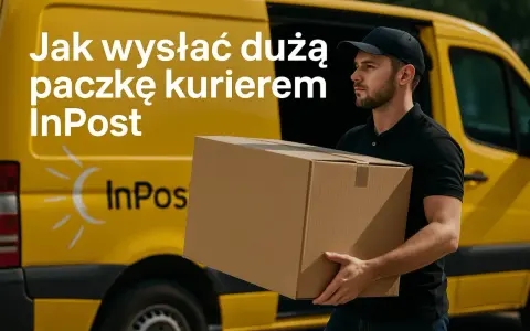 Kurier InPost z dużą paczką obok żółtego busa. Dowiedz się, jak wysłać dużą paczkę kurierem.