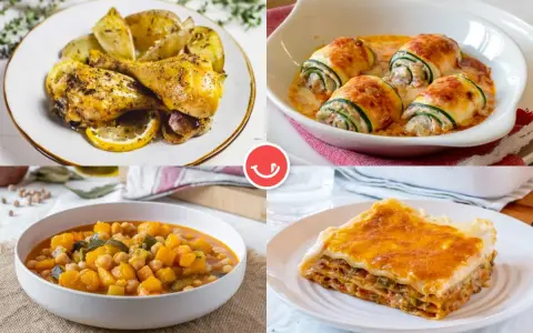 Cuatro platos deliciosos: pollo asado con limón, rollitos de calabacín, guiso de calabaza y garbanzos, y lasaña. ¡Comidas fáciles de hacer para disfrutar!
