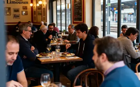 Des clients dînent dans une brasserie de gare, avec des assiettes de viande et des verres de vin sur la table.